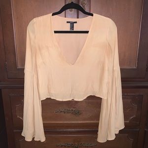 Yellow mustard deep v neck bell sleeve crop top